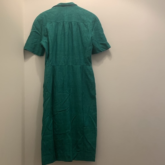 Vintage 80s Emerald Green Raw Silk Midi Dress Structured Look Woven Teal Lined M - Picture 4 of 4